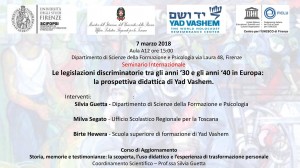 Seminario internazionale Le legislazioni discriminatorie tra gli anni ‘30 e gli anni ‘40 in Europa: la prospettiva didattica di Yad Vashem